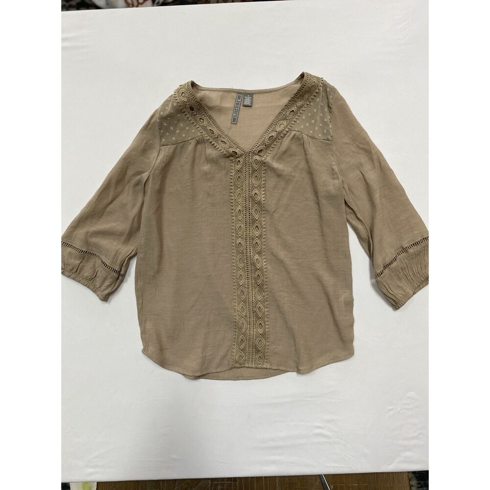 By Design Crochet Lace V-Neck Blouse Top Taupe Swiss Dot Boho Women's Medium
